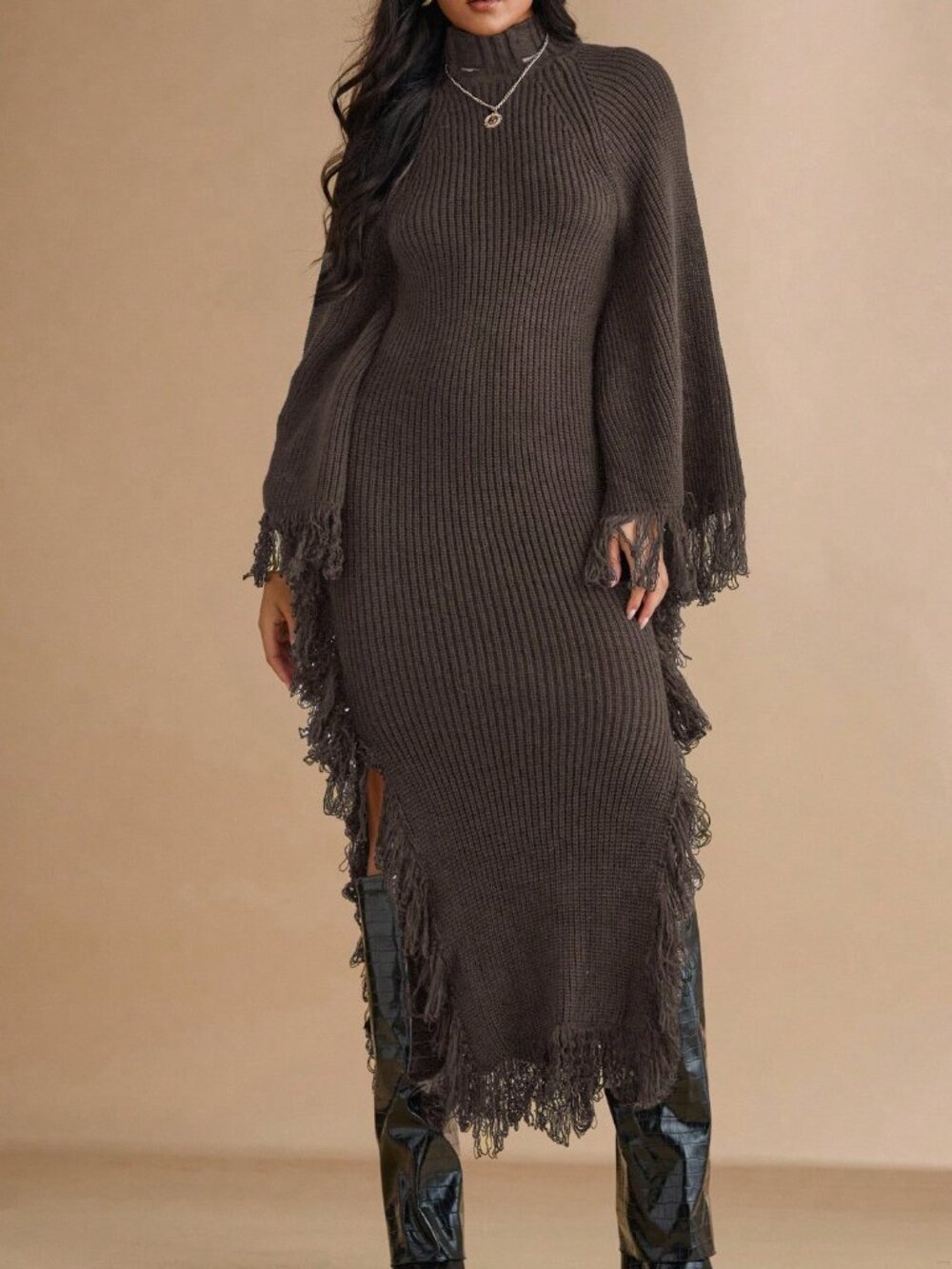 Coffee Brown Casual Women's Stand Collar Fringe Decor Side Slit Dress - Picture 4 of 6